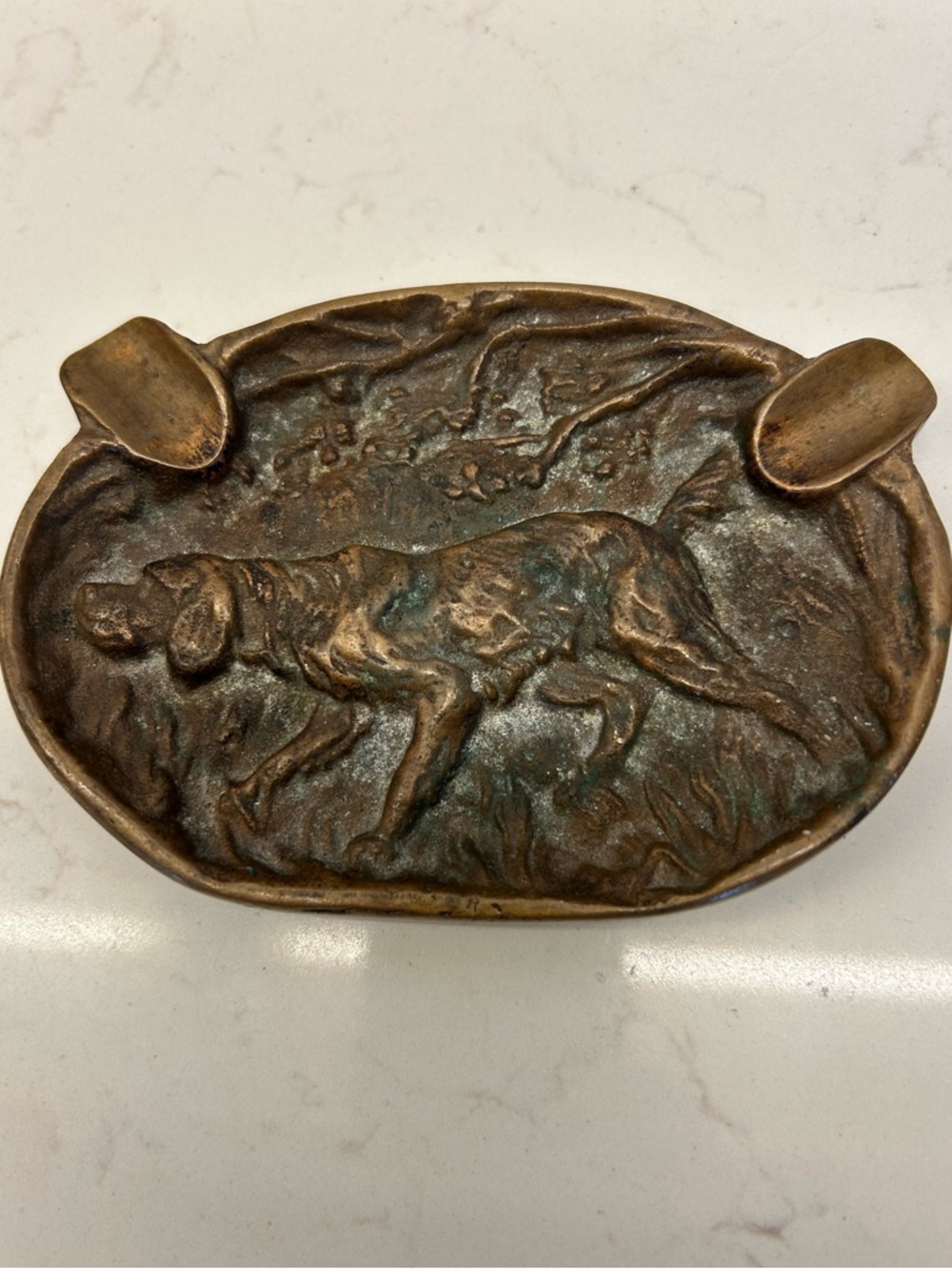 Vintage Brass Tobacco Cigar Cigarette Ash Tray With Dog Relief 4 x 6 inches